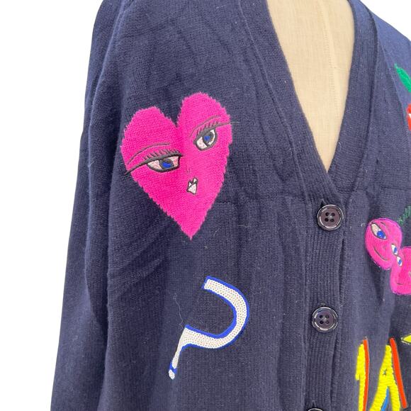 Maison Common Cardigan Sweater Fruit Print Navy Blue Merino Cashmere Size Medium - Picture 3 of 14